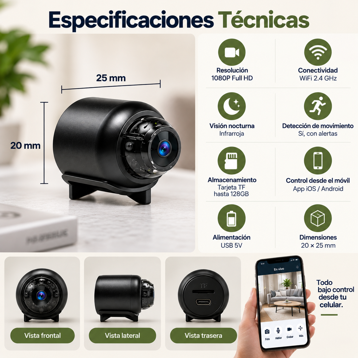 Especificaciones Cámara X5 Mini WiFi HD 1080P